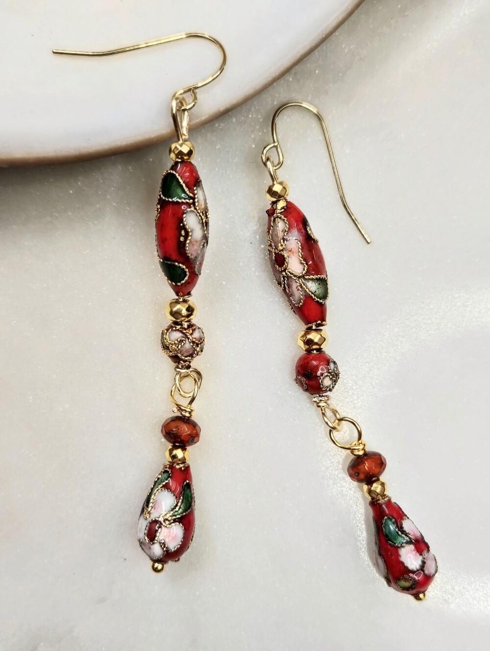 Bright Red Cloisonne Enamel Ornate Thin Drop Gold Plated Earrings